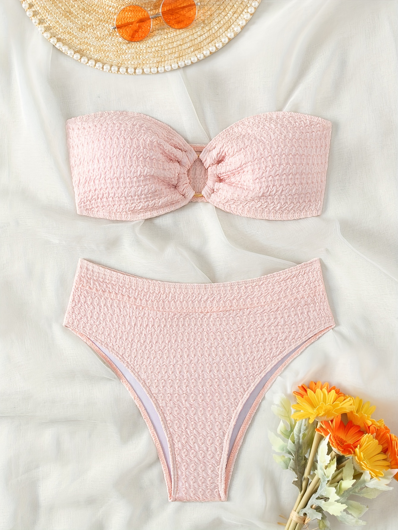 U Wire Textured Fabric Bandeau 2 Piece Set Bikini, Plain Pinkish Medium  Stretch Swimsuits, Women's Swimwear & Clothing Valentine's Day