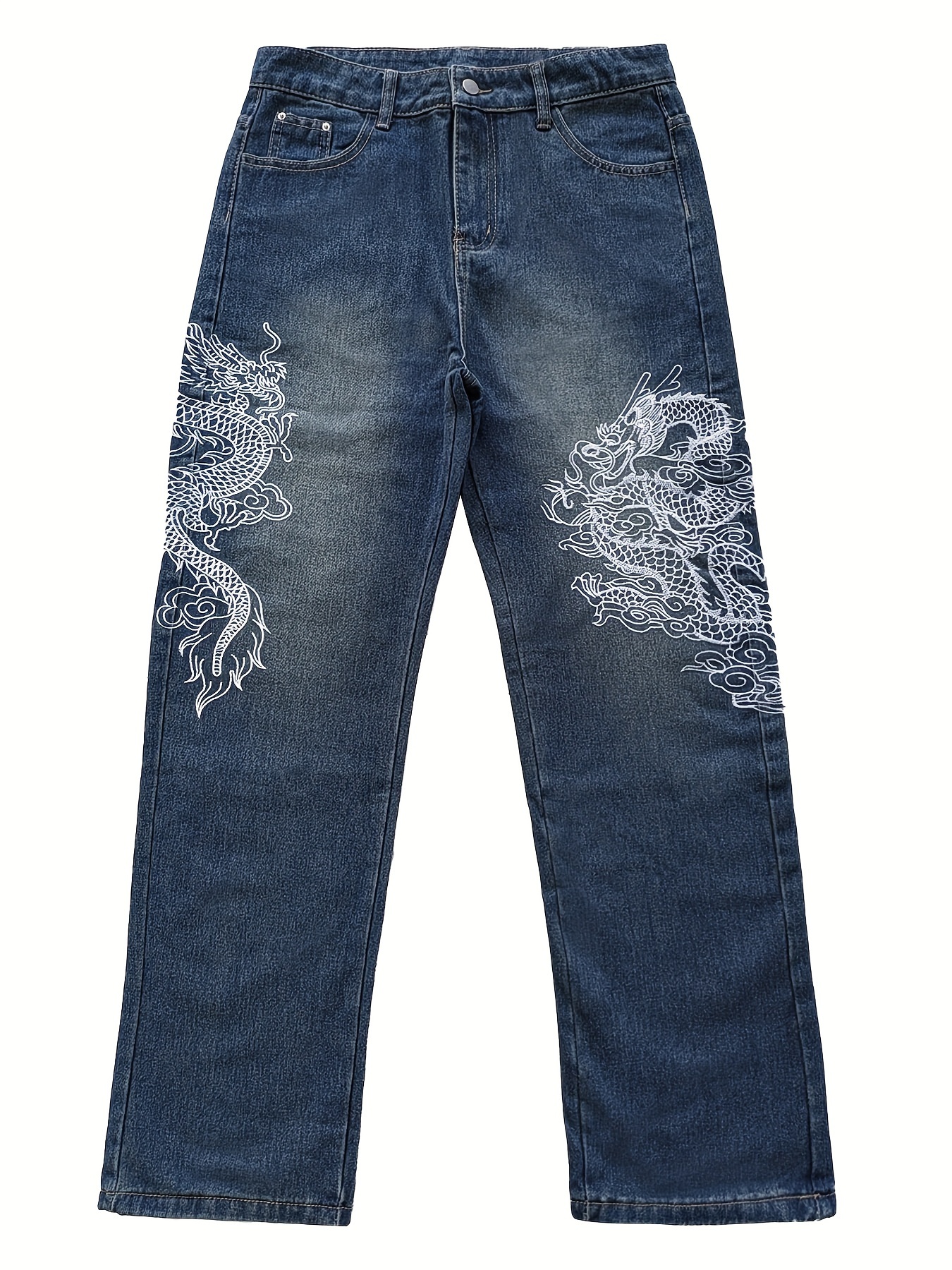 Men's Chinese Dragon Embroidery Jeans Fashion Kylin Embroidered Slim Pencil  Pants Stretch Denim Trousers Blue 38 : : Clothing, Shoes &  Accessories