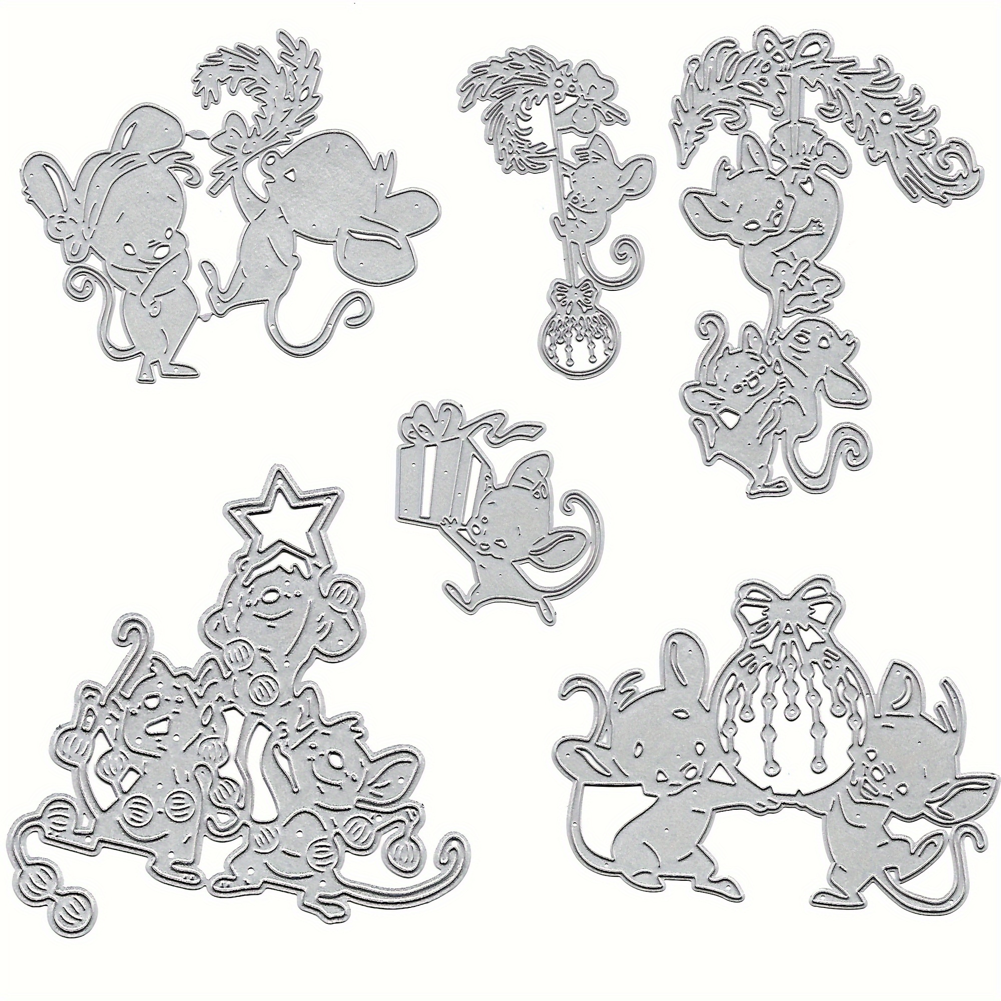 Image of 6pcs/set Animal Mouse Metal Die Cuts, Merry Christmas Snowflake Box Feather Bowtie Bow Cutting Dies Cut Stencils For Diy Scrapbooking Album Decorative Embossing Paper Dies Card Making