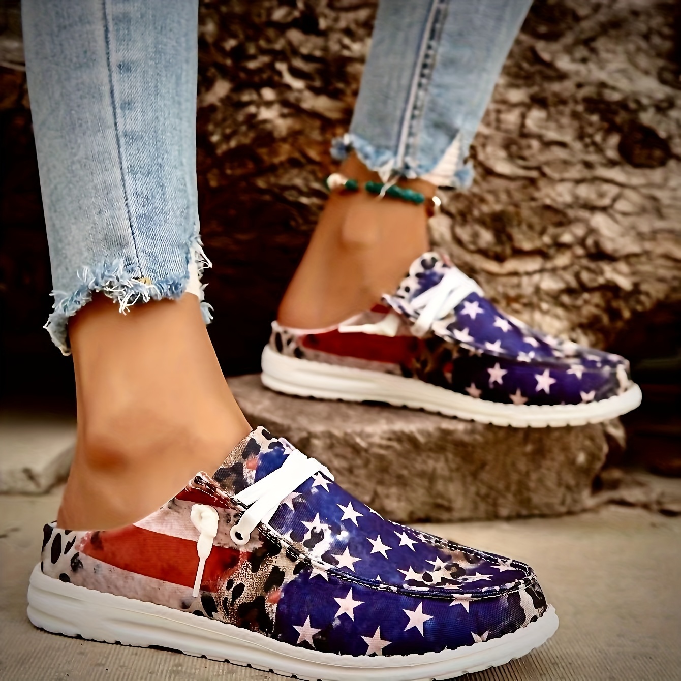 

Women's Flag Pattern Canvas Shoes, Trendy Slip On Low Top Mule Sneakers, Casual Flat Loafers For The 4th Of July