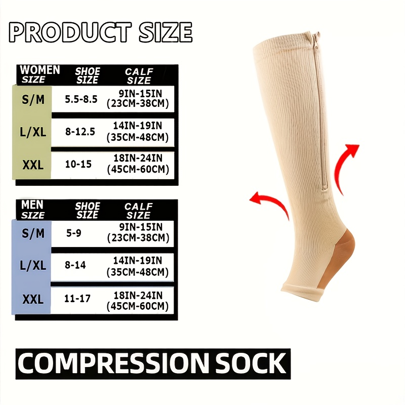 2 Pairs Copper Zipper Compression Socks 15-20mmgh-Calf Knee High Open Toe  Support Stocking Compression Stocking