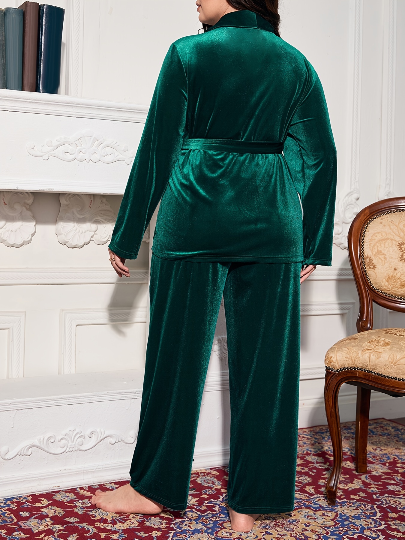 Plus Size Velvet Solid Tops Pants Pajama Set Women's Plus - Temu