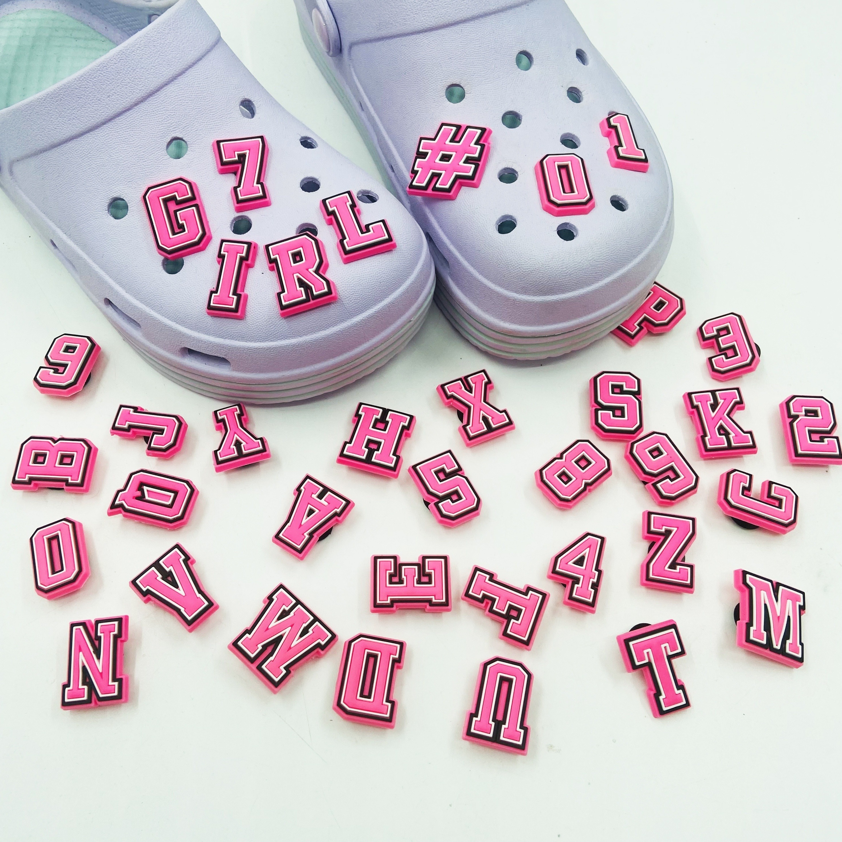 40pcs/80pcs Pink Letter Shoe Charms For Crocs Clogs Sandals Decoration,  Shoes DIY Accessories For Barbie Pink Party