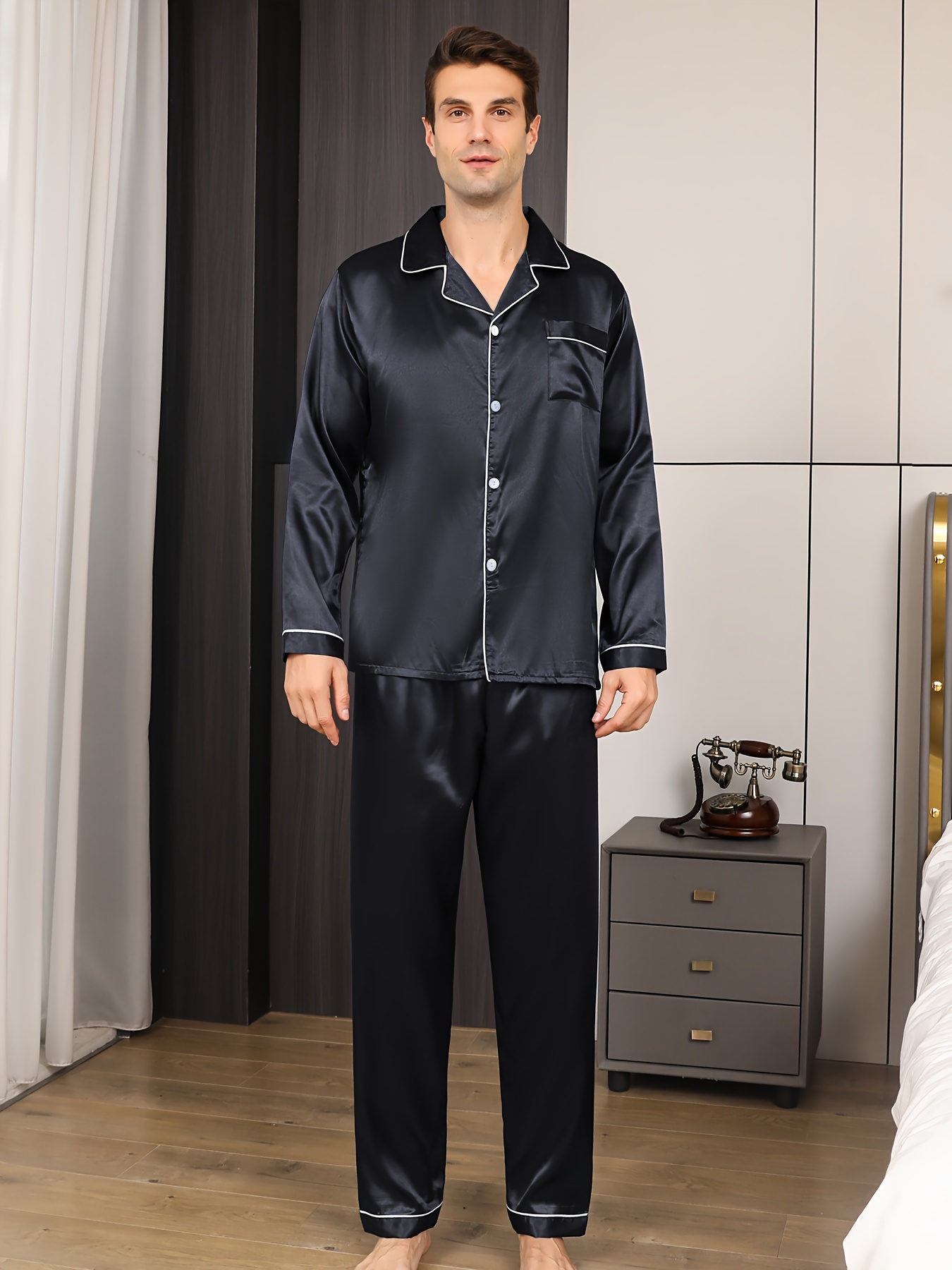 Men's Ice Silk Long sleeved Pajamas Set Summer Simple Casual - Temu Canada
