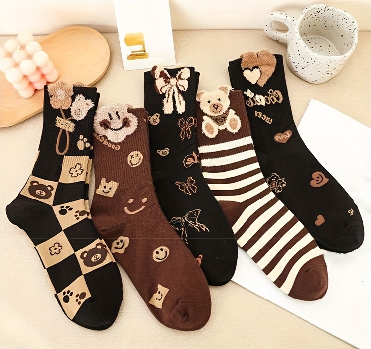 5 pairs bear bow print socks comfy warm mid tube socks womens stockings hosiery details 2
