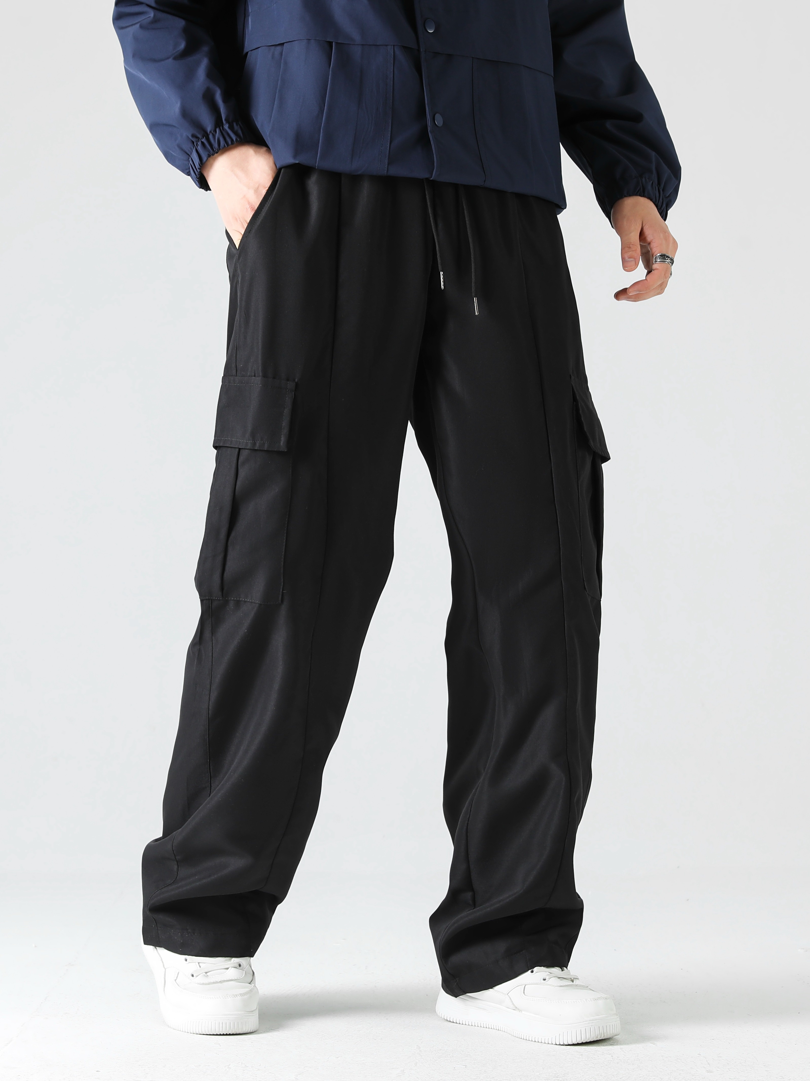 Solid Multi Flap Pockets Men's Straight Leg Cargo Pants - Temu Australia