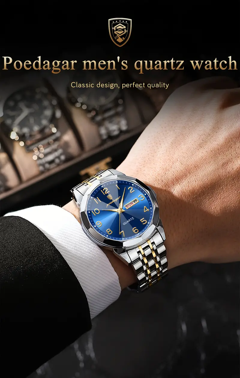 poedagar mens trendy quartz watch stainless steel waterproof luminous calendar wrist watch details 2