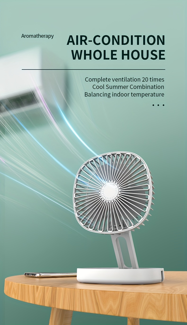 1шт портативный вентилятор настольный вентилятор с подставкой, складной, работает от аккумулятора на 1200 мАч, с регулировкой аромата и телескопическим управлением, тихий таймерный вентилятор для дома, кухни, отдыха на природе. Подробности 8.