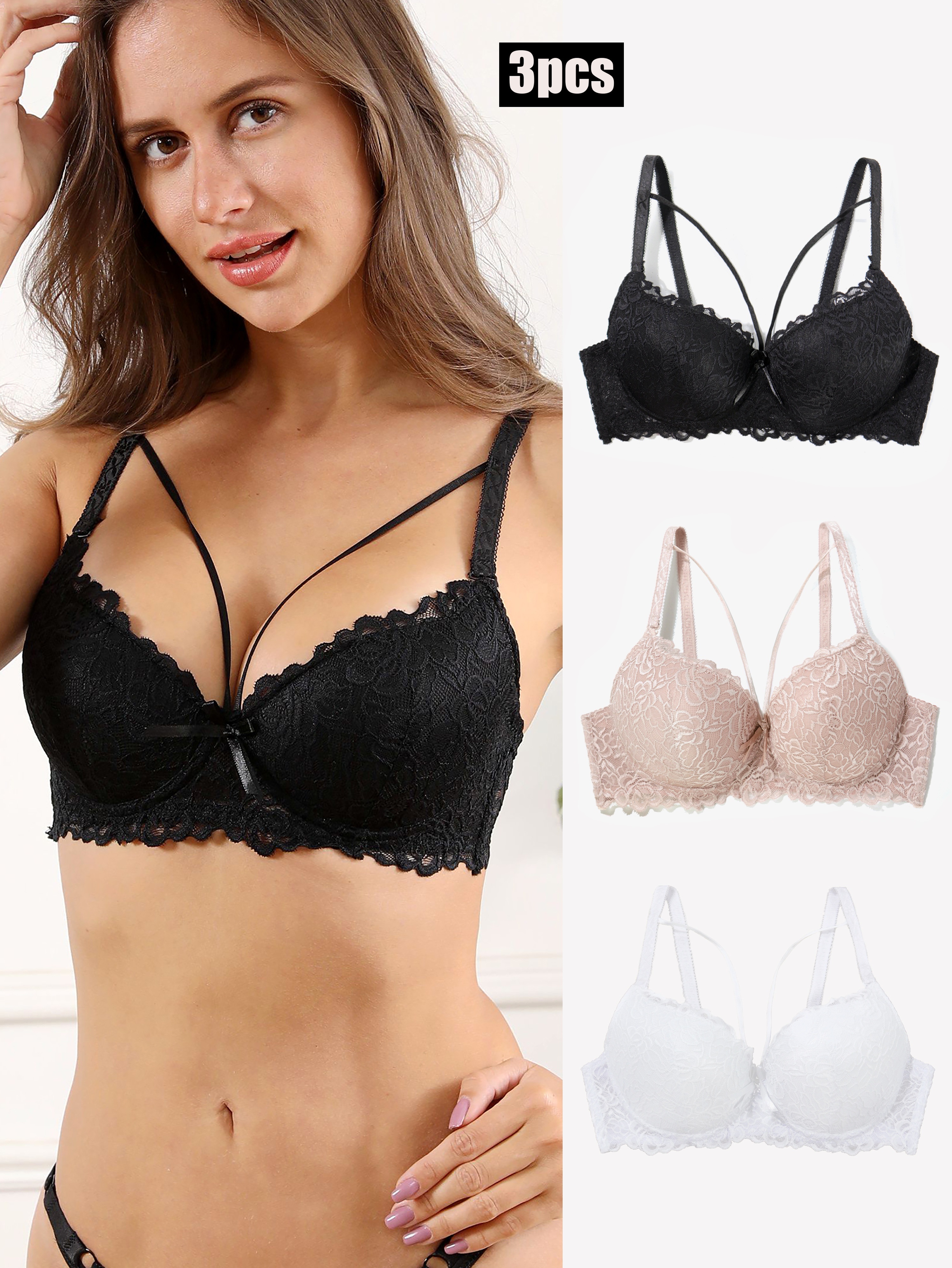 2pcs Floral Lace Push Up Bra, Elegant Cozy Criss Cross Back Bras, Women's  Lingerie & Underwear