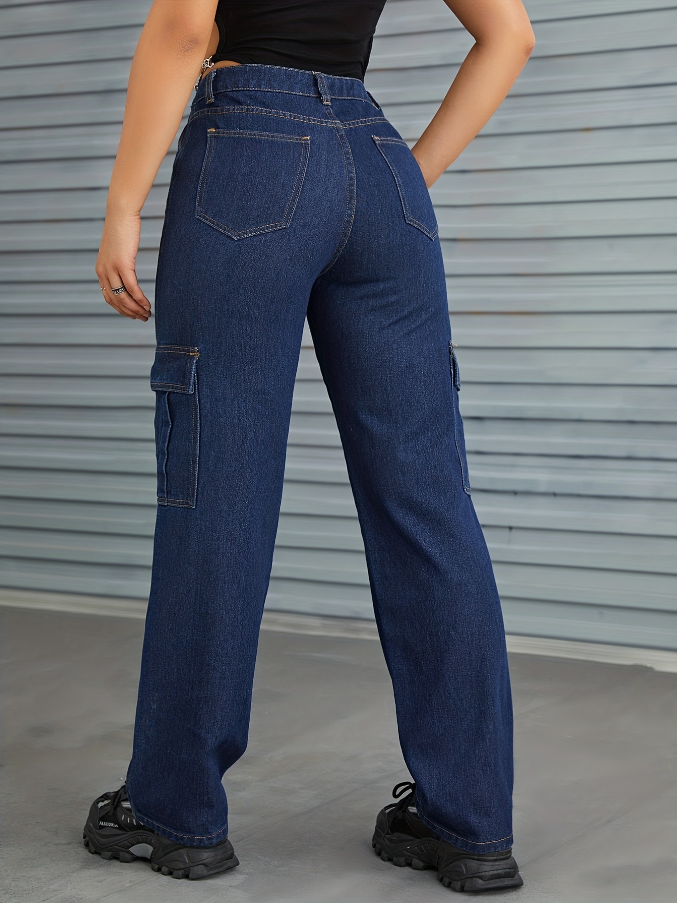 Blue Flap Pockets Cargo Pants, Loose Fit Straight Legs High Waist Carpenter  Jeans, Women's Denim Jeans & Clothing
