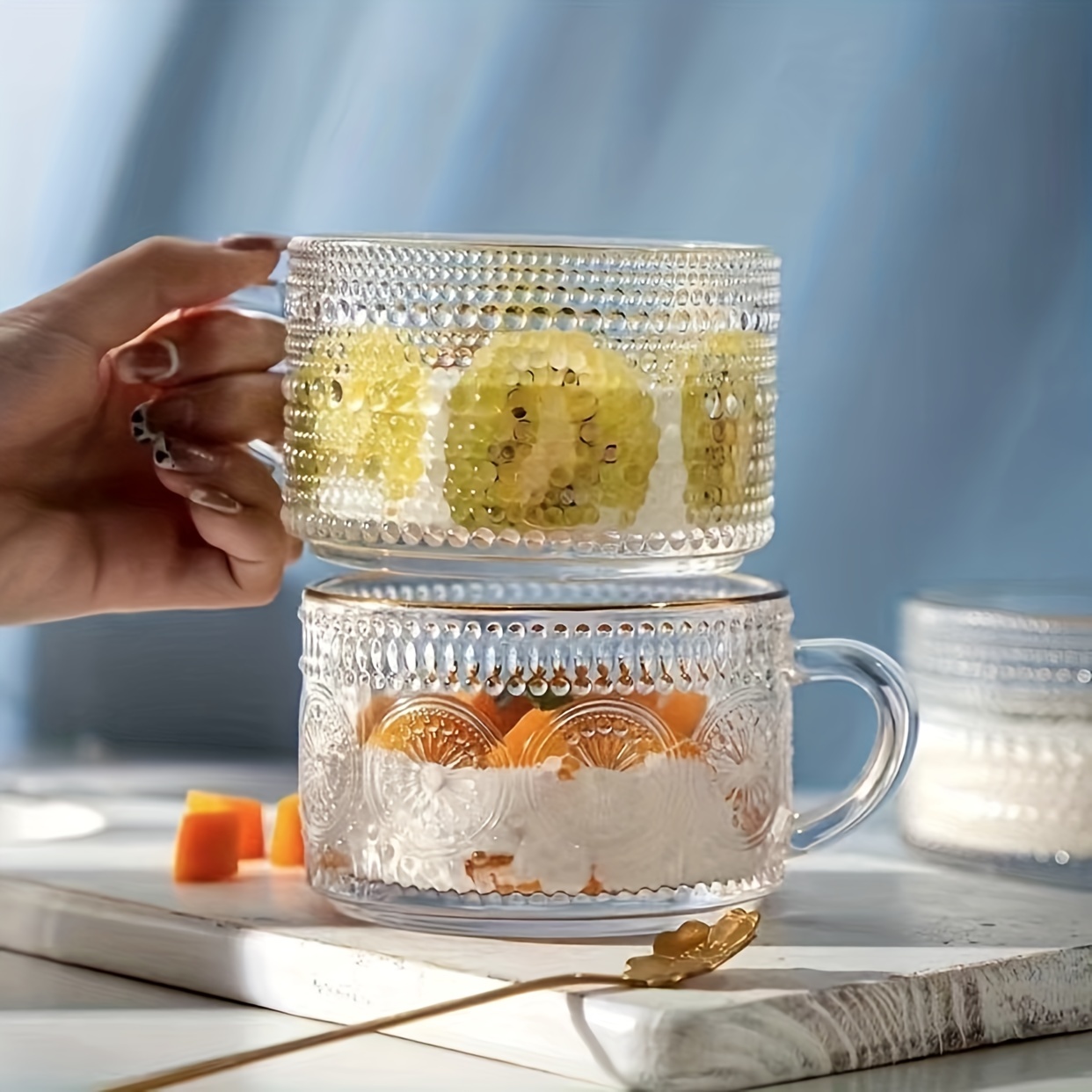 Boho Sunflower Glass Cup With Straw, Embossed Glass Water Cup