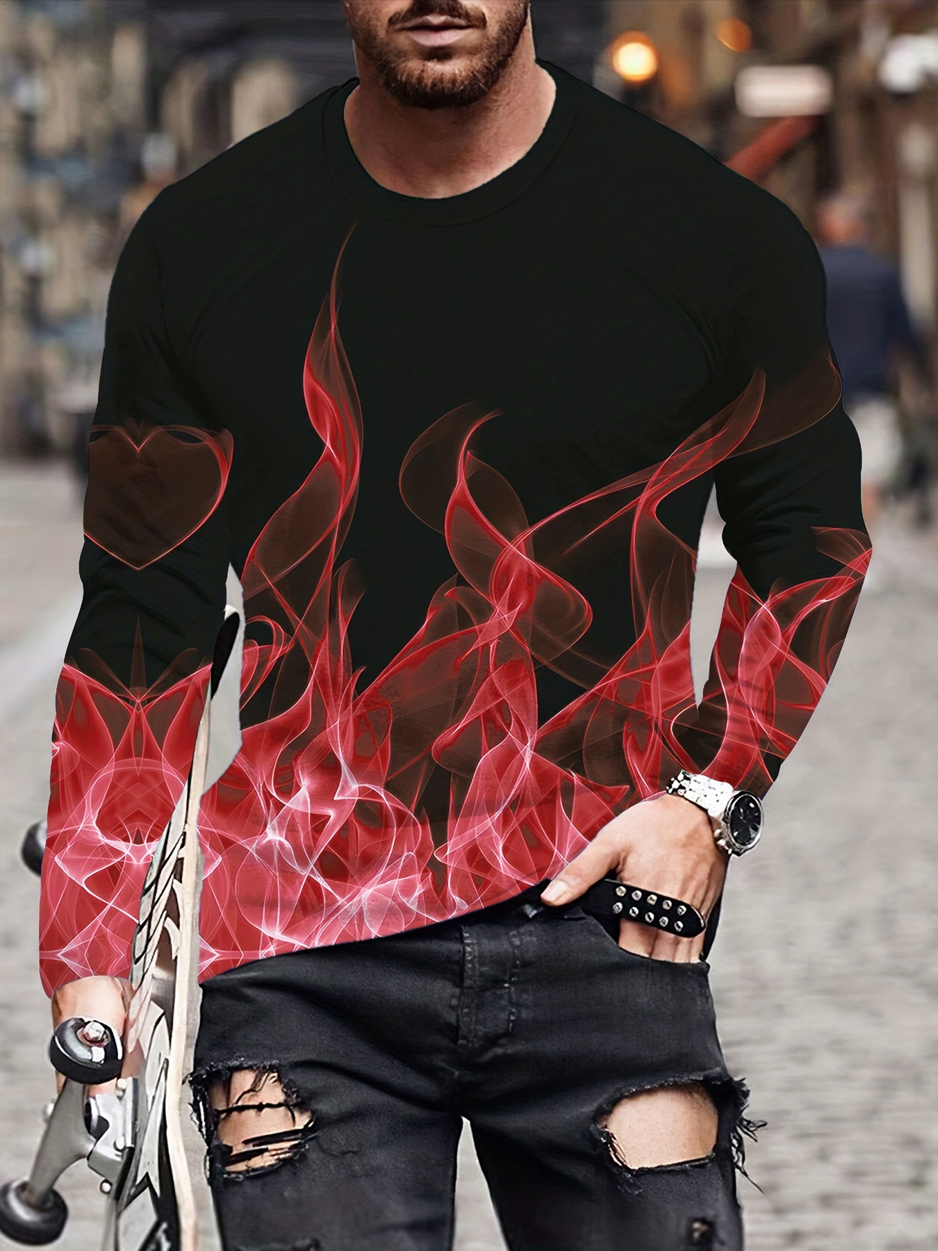 T Shirts for Men Pack Flame Print Round Neck Long Sleeve Men's Tshirt  Oversized T Shirts for Men Black T Shirts for Men Long Sleeve T Shirts Men  New