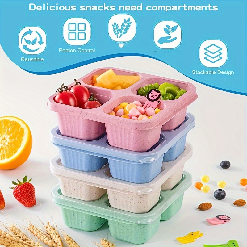 4 Pack Snack Containers with Clear Lids 4 Compartment Bento Lunch Box  Stackable Lunch Snack Box Reusable Lunch Box Containers 4 Colors Bento Box