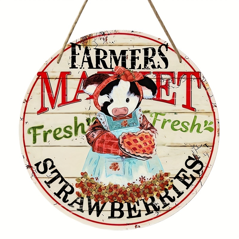 Farmers Market Strawberries Cow Printed Wood Sign farmhouse - Temu