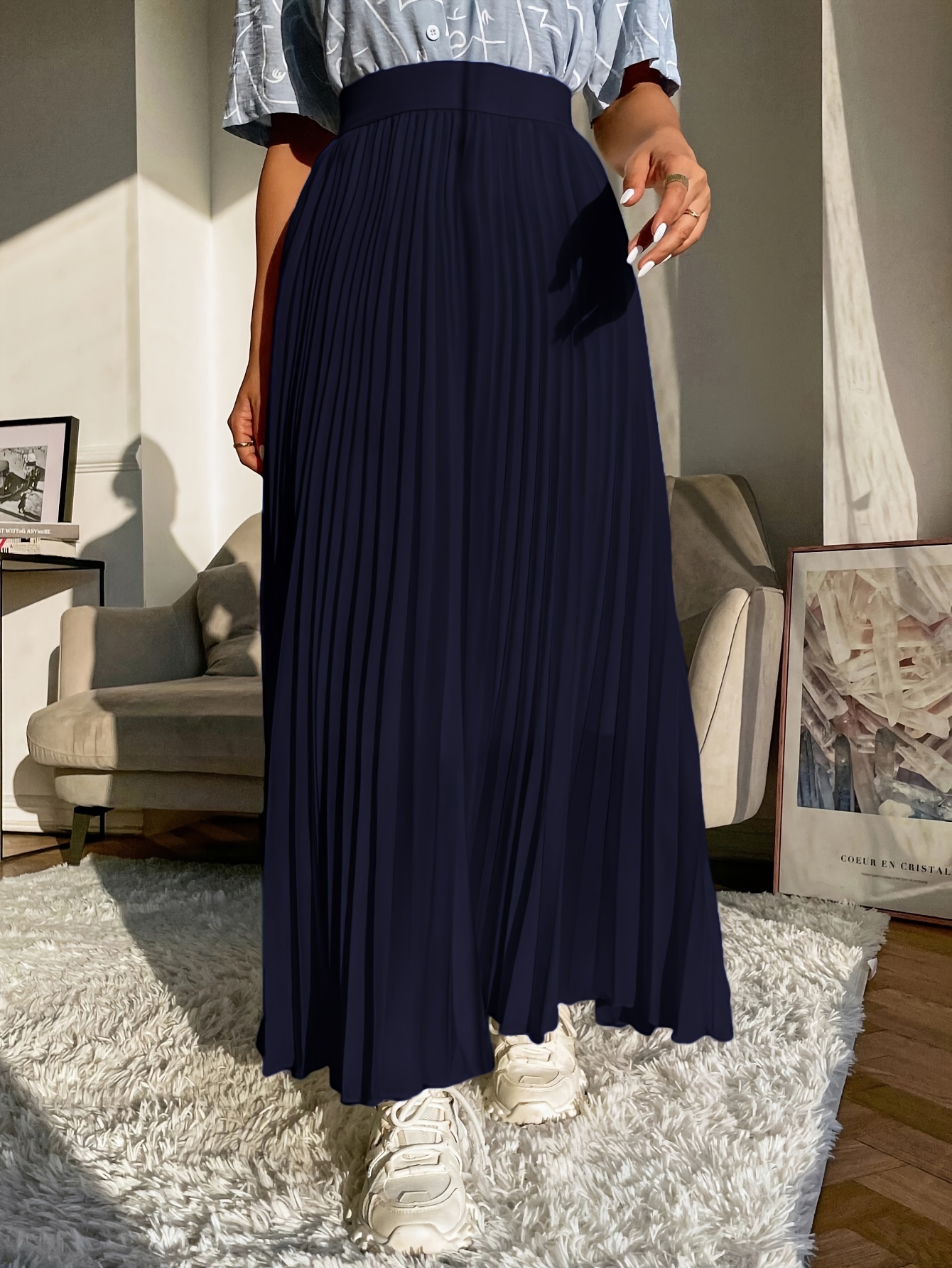 Navy blue hot sale pleated maxi skirt