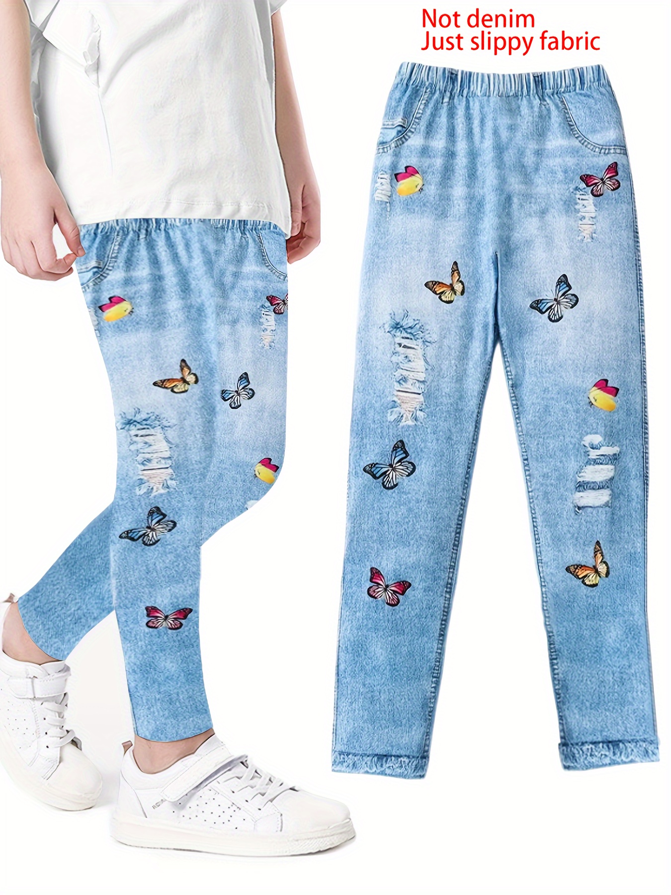 Imitation Denim Butterfly Print Leggings Casual Skinny - Temu