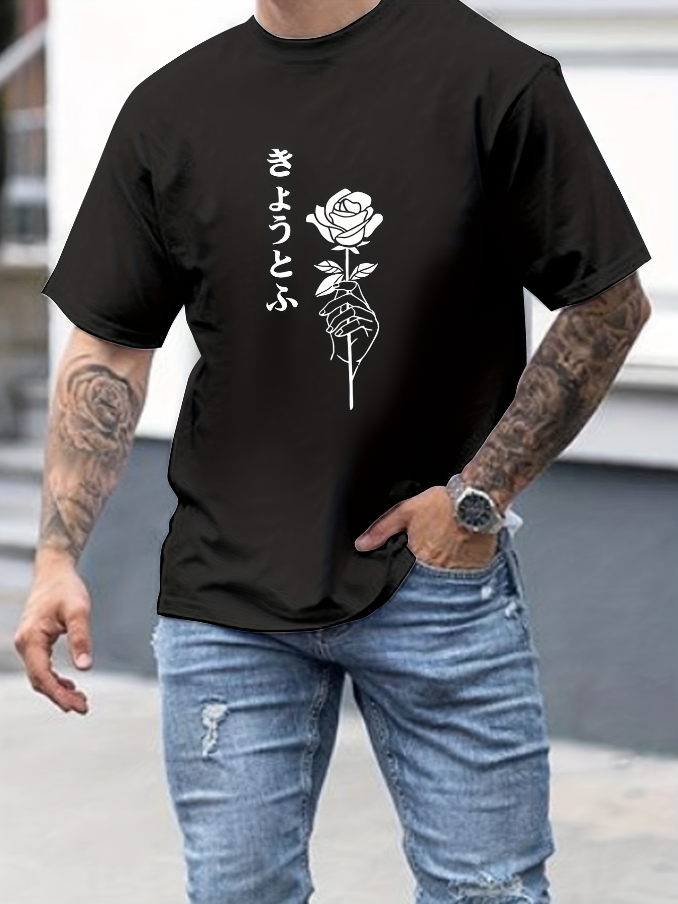 Tees Men Japanese Characters Rose Print T Shirt Casual Short - Temu Belgium