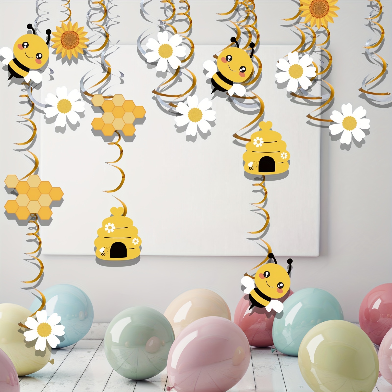 Big Dot of Happiness Little Bumblebee - Bee Baby Shower or Birthday Party  Hanging Decor - Party Decoration Swirls - Set of 40