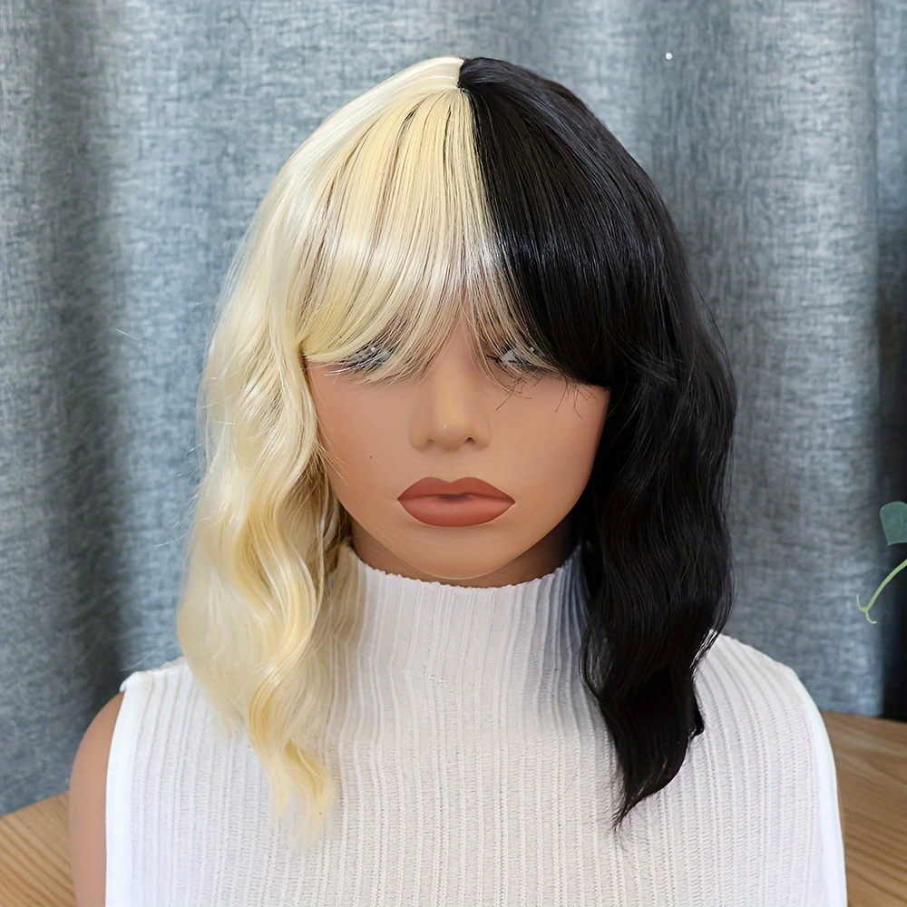 Half Black Half Blonde Color Short Wavy Wig With Bangs Synthetic Wigs For Daily Cosplay Holiday Travel