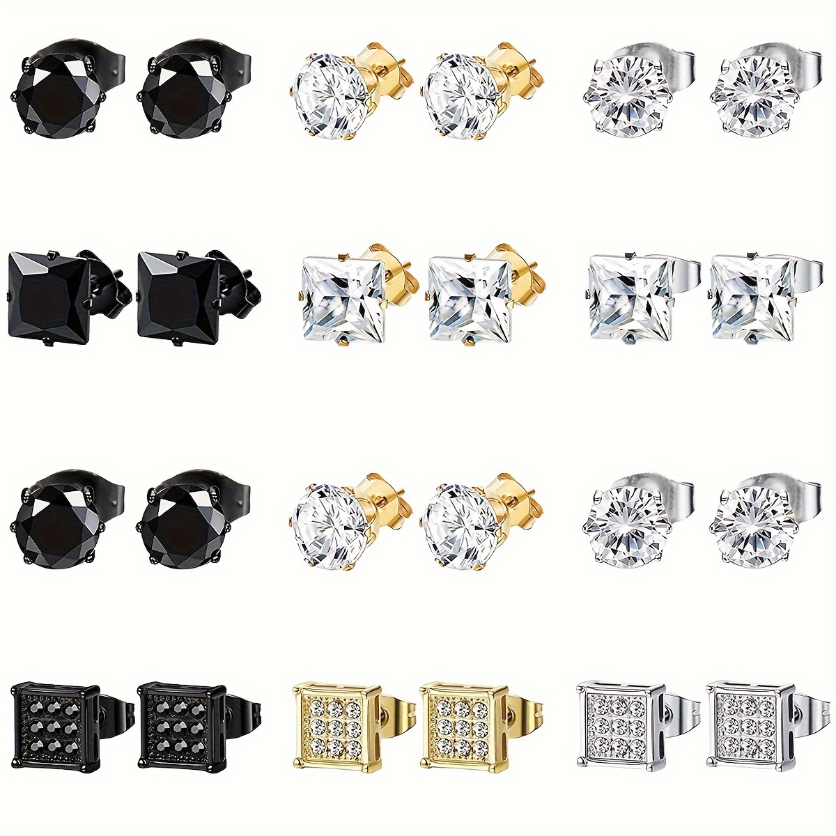 

12 Pairs Stainless Steel Stud Earrings For Men, Cool Geometric Stud Earrings For Men