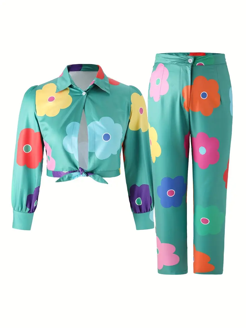 plus size cute outfits set womens plus colorful floral print long sleeve button up shirt pants vacay outfits 2 piece set details 4