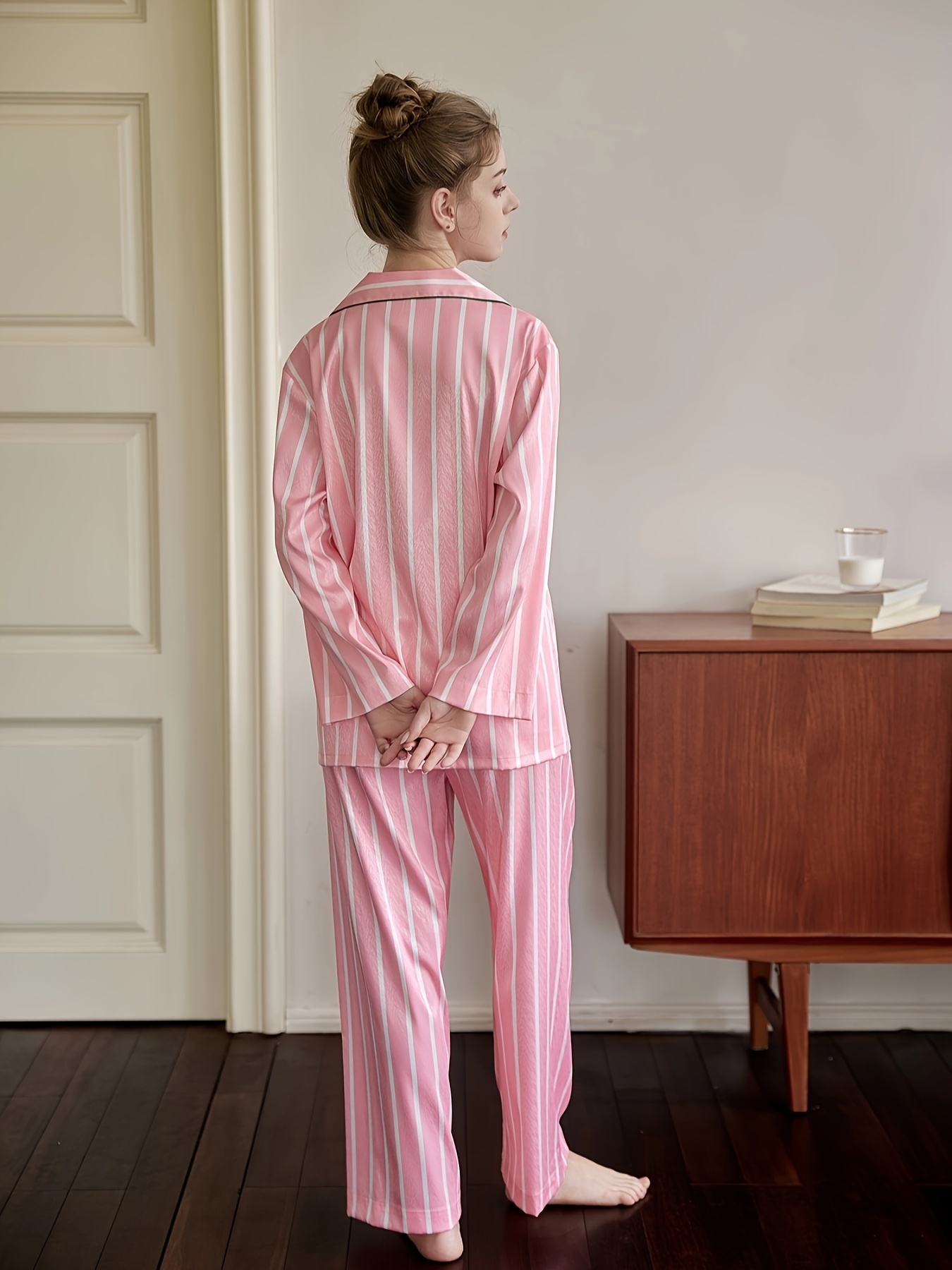 Striped Satin Pajama Set, Long Sleeve Buttons Top & Elastic Waistband  Pants, Women's Sleepwear & Loungewear