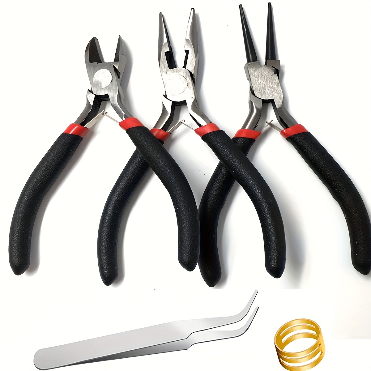6pcs/set Jewelry Making Tools Set, 4pcs Jewelry Pliers, 1pc Rings Opening  Tool, 1pc Black Tweezers, Including Needle-shaped Circular Wire Cutter And C