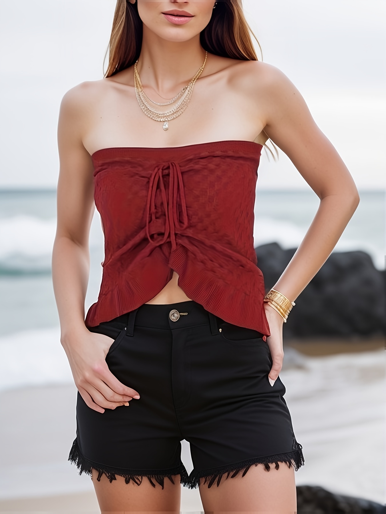 Textured Tube Crop Top Casual Backless Strapless Lace Top - Temu
