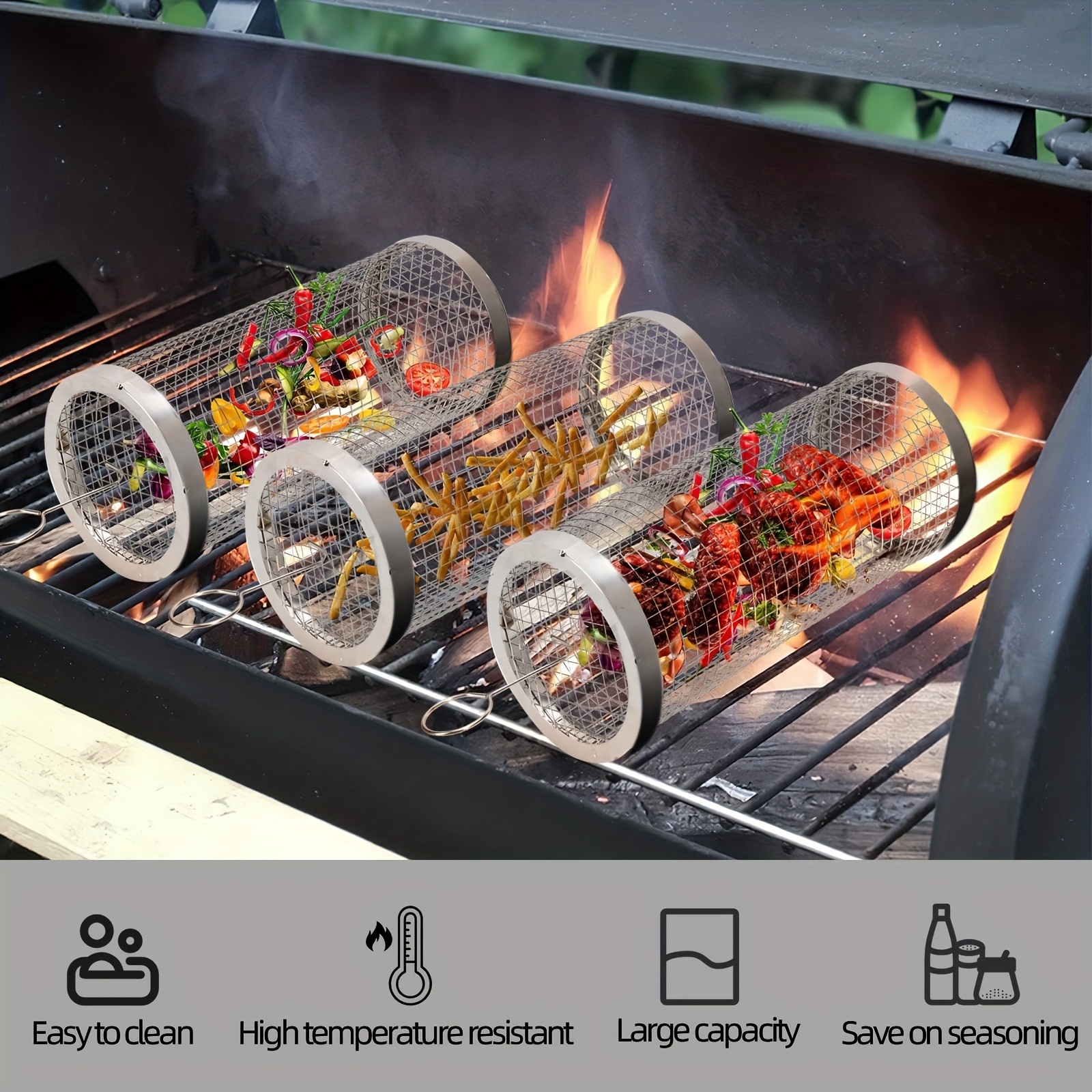 Large Stainless Steel Rolling Grilling Basket Mesh Barbeque Grill