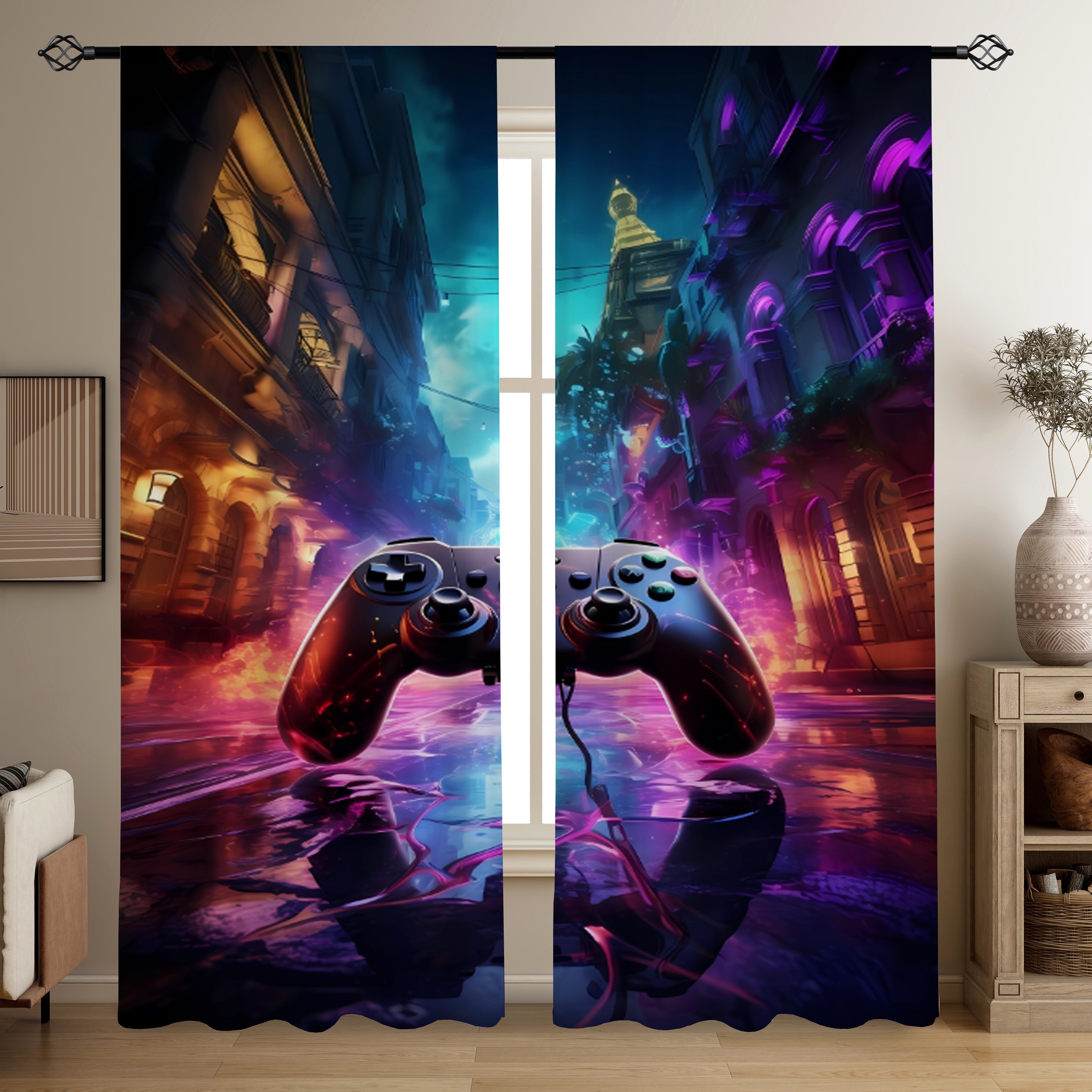 

2pcs/set, Magical World Handle Printed Semi-transparent Curtains, Living Room Game Room Bedroom Multi-scene Polyester Rod Pocket Decorative Curtains Home Decoration Party Supplies