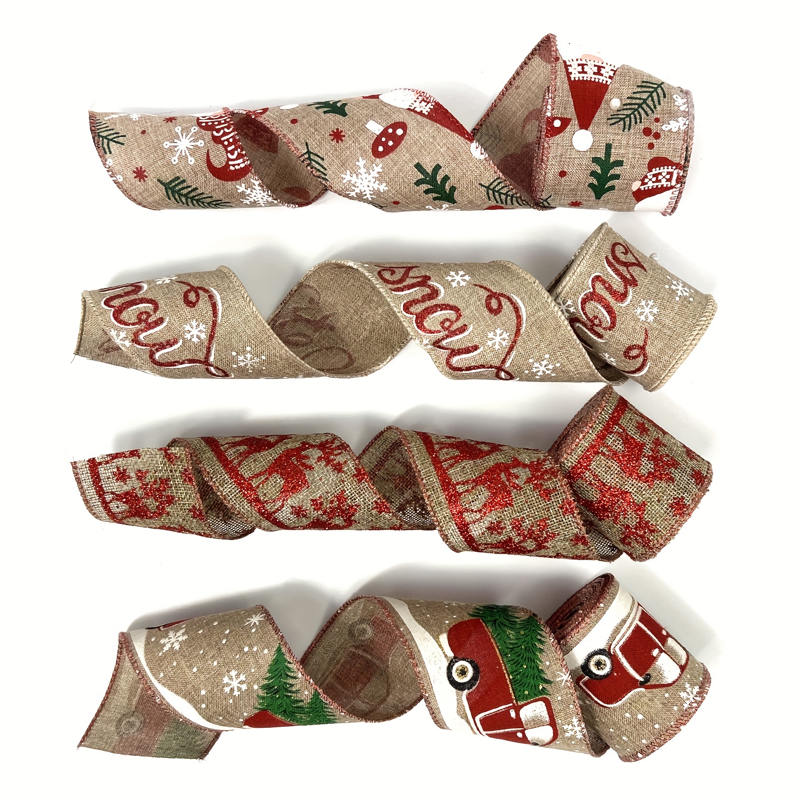 4 Rolls Christmas Wired Edge Ribbons, 5 Yards 2.5 Inches Plaid Ribbon for Craft Christmas Tree Truck Ribbon Deer Burlap Ribbon for Xmas Holiday Decor