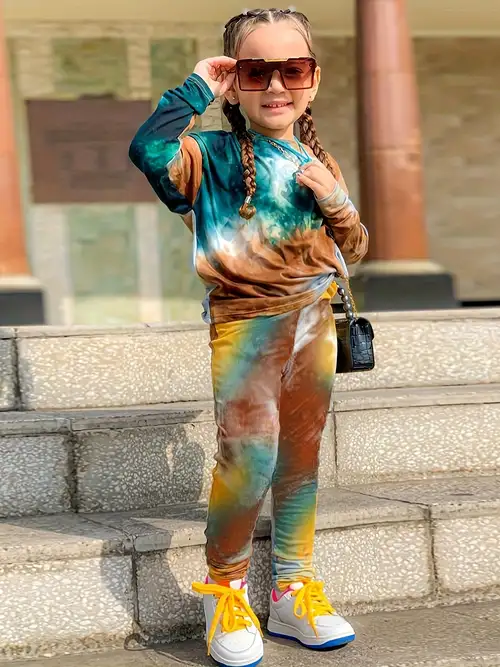 Girls' Outfit Smile Tie Dye Long Sleeve T shirt Casual Pants - Temu