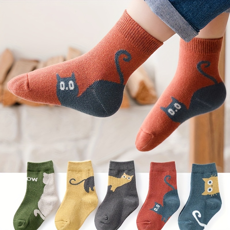 

5 Pairs Of Boy's Adorable Black Cat Pattern Crew Socks, Comfy Breathable Casual Soft Elastic Socks For Kid's Outdoor Activities