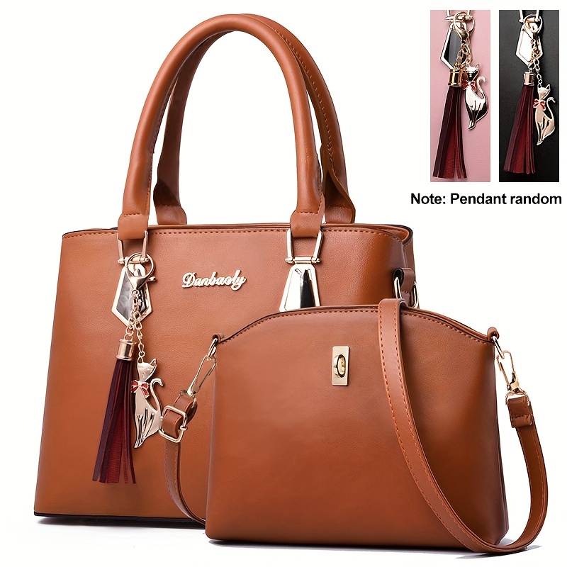 Pu Leather Bag Set, Tassel Decor Handbag & Crossbody Bag, Women's Office &  Work Purse - Temu