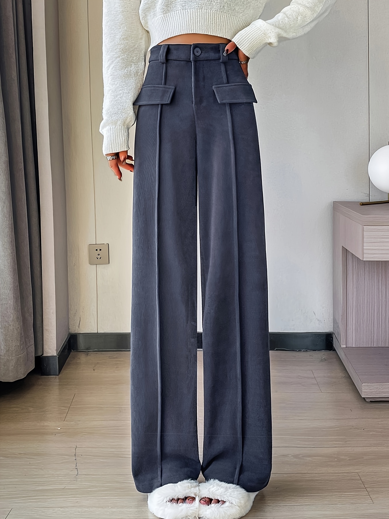 Solid High Waist Tailored Pants, Elegant Long Length Work Office Pants,  Women's Clothing