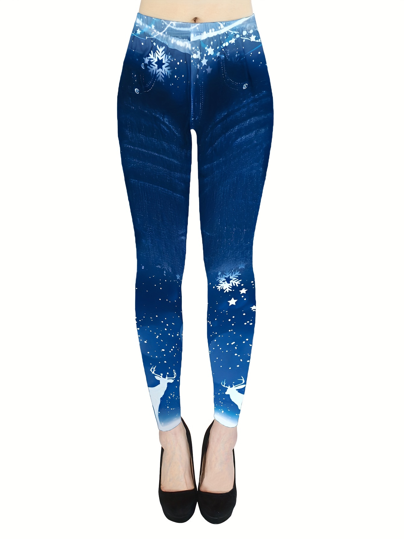 Christmas Reindeer Print Skinny Leggings Cute Elastic Waist - Temu