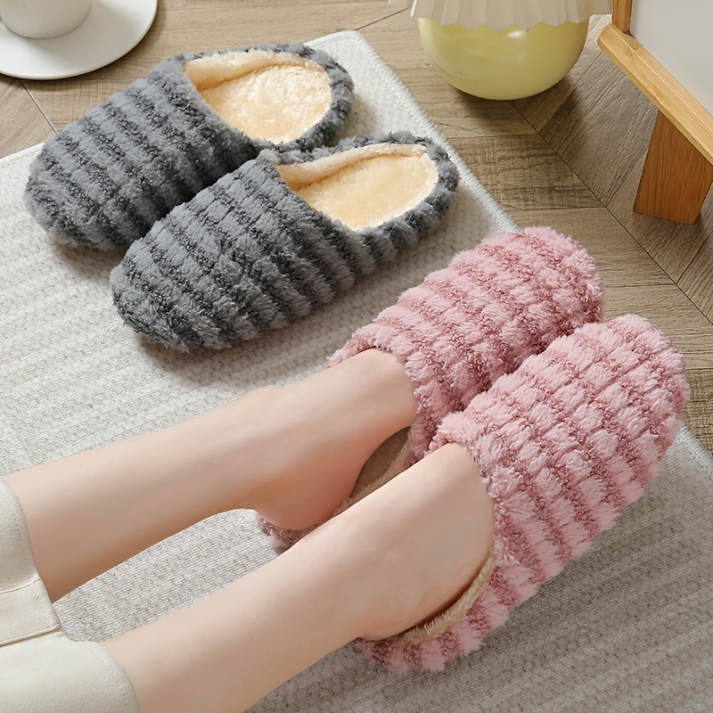Women's Warm Plush Striped Print House Slippers, Slip-on Round Toe Anti-slip Soft Sole Casual Home Slides, Women's Indoor Flat Shoes