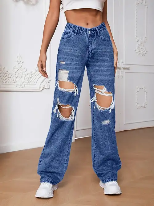 Light Blue Ripped Straight Jeans Distressed High Waist Loose - Temu Canada
