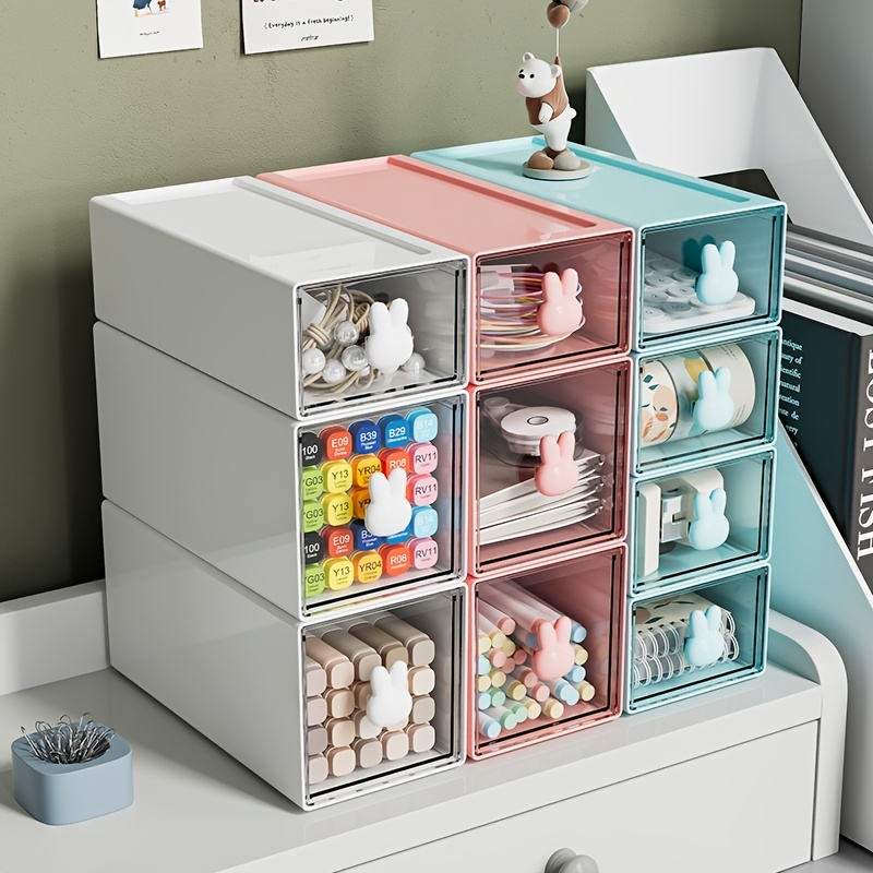 1pc Rabbit Storage Box With Transparent Drawer, Cute Organizer Box For  Office/school Stationery Or Children's Desktop, Pen Holder, Random Color