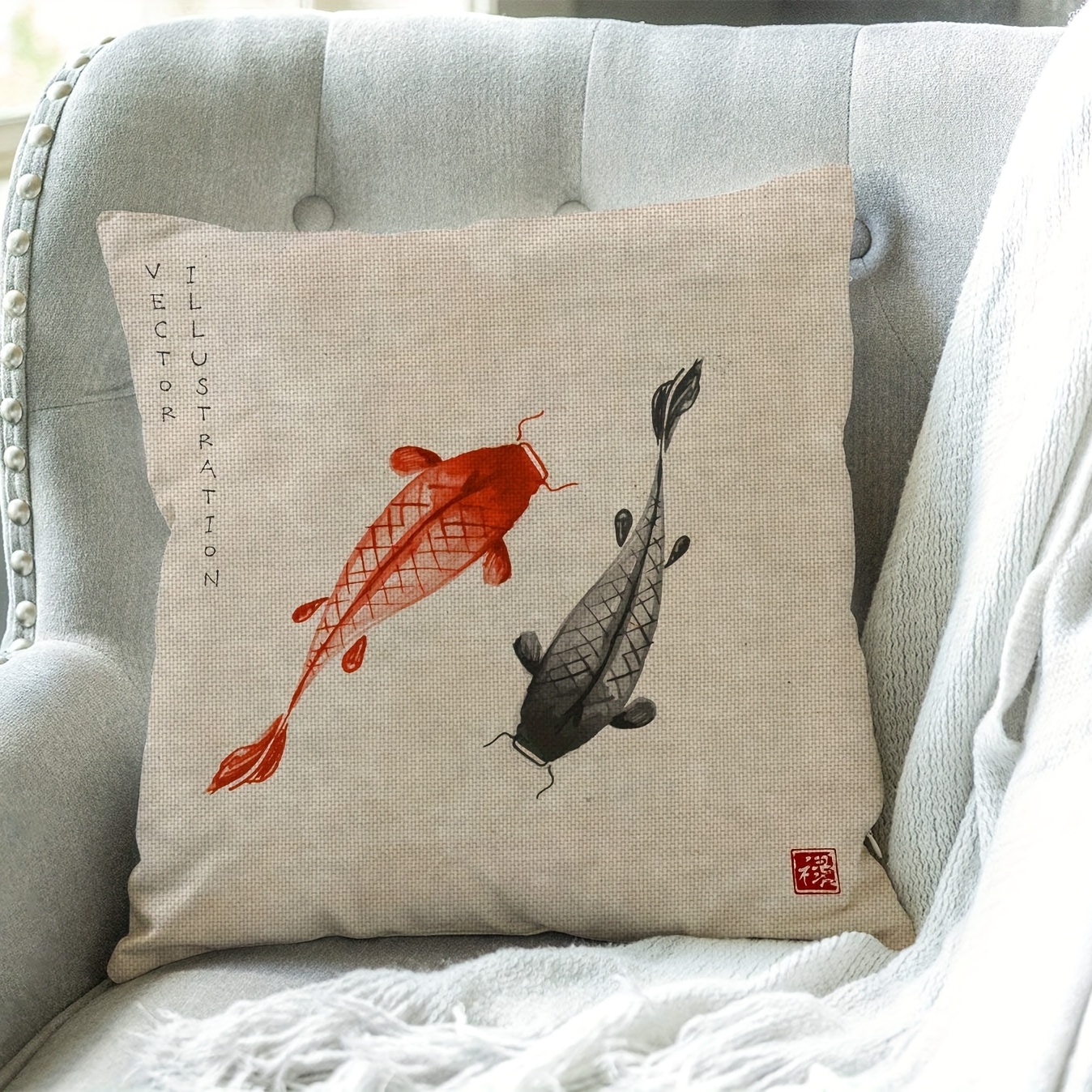 Stylish Red Black Fish Burlap Square Linen Cushion Cover - Temu