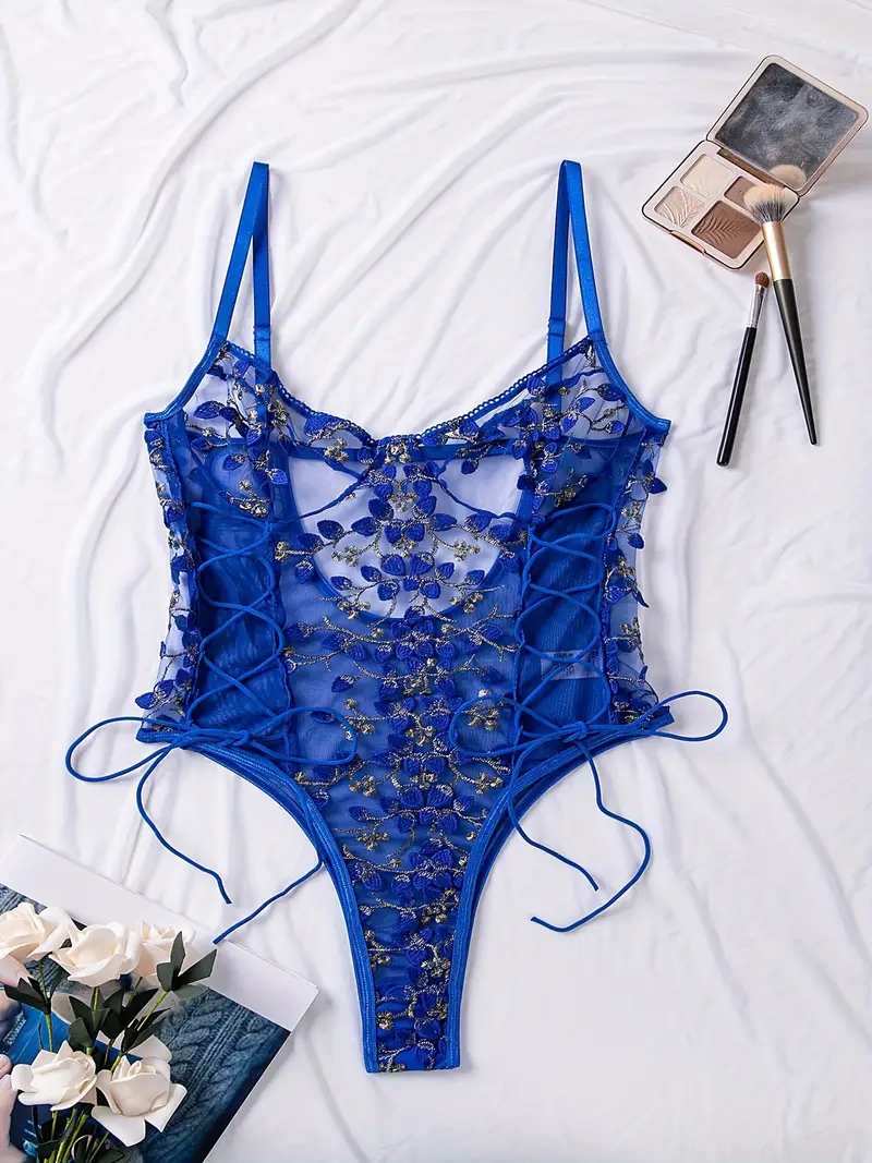 Floral Embroidery Strappy Teddy Sheer Backless Thong Mesh - Temu