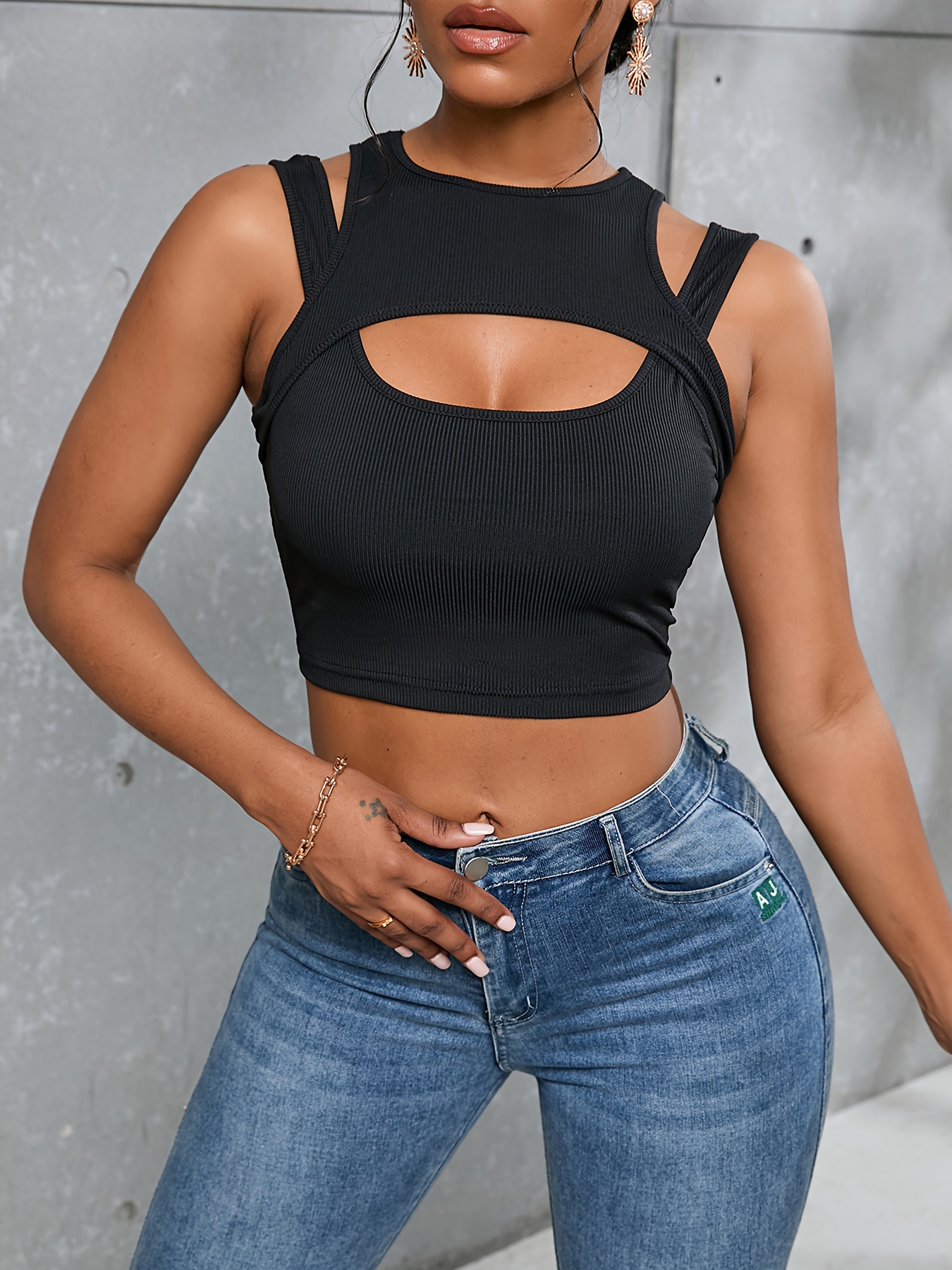 Casual Solid Two piece Set Cutout Crew Neck Tank Top Slit - Temu