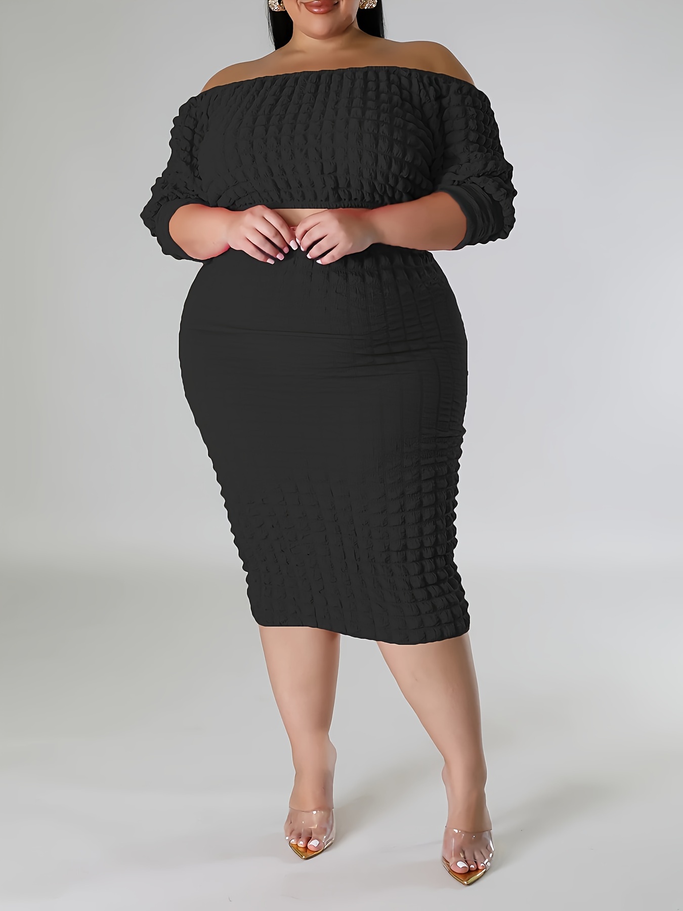 Plus Size Sexy Outfits Set Women's Plus Solid Long Sleeve - Temu