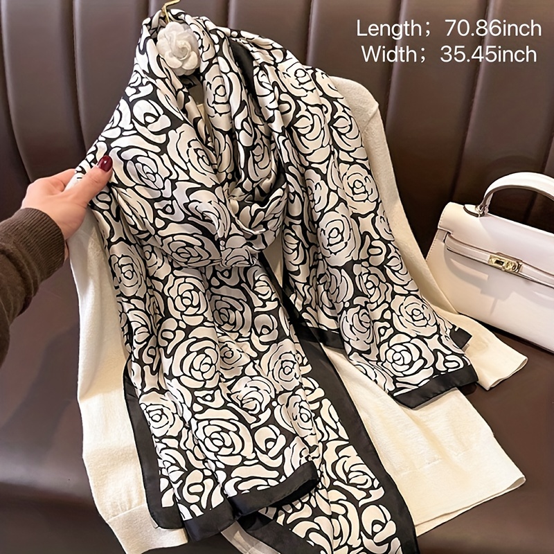 Rose Print Large Scarf Satin Shawl Silk Head Wrap