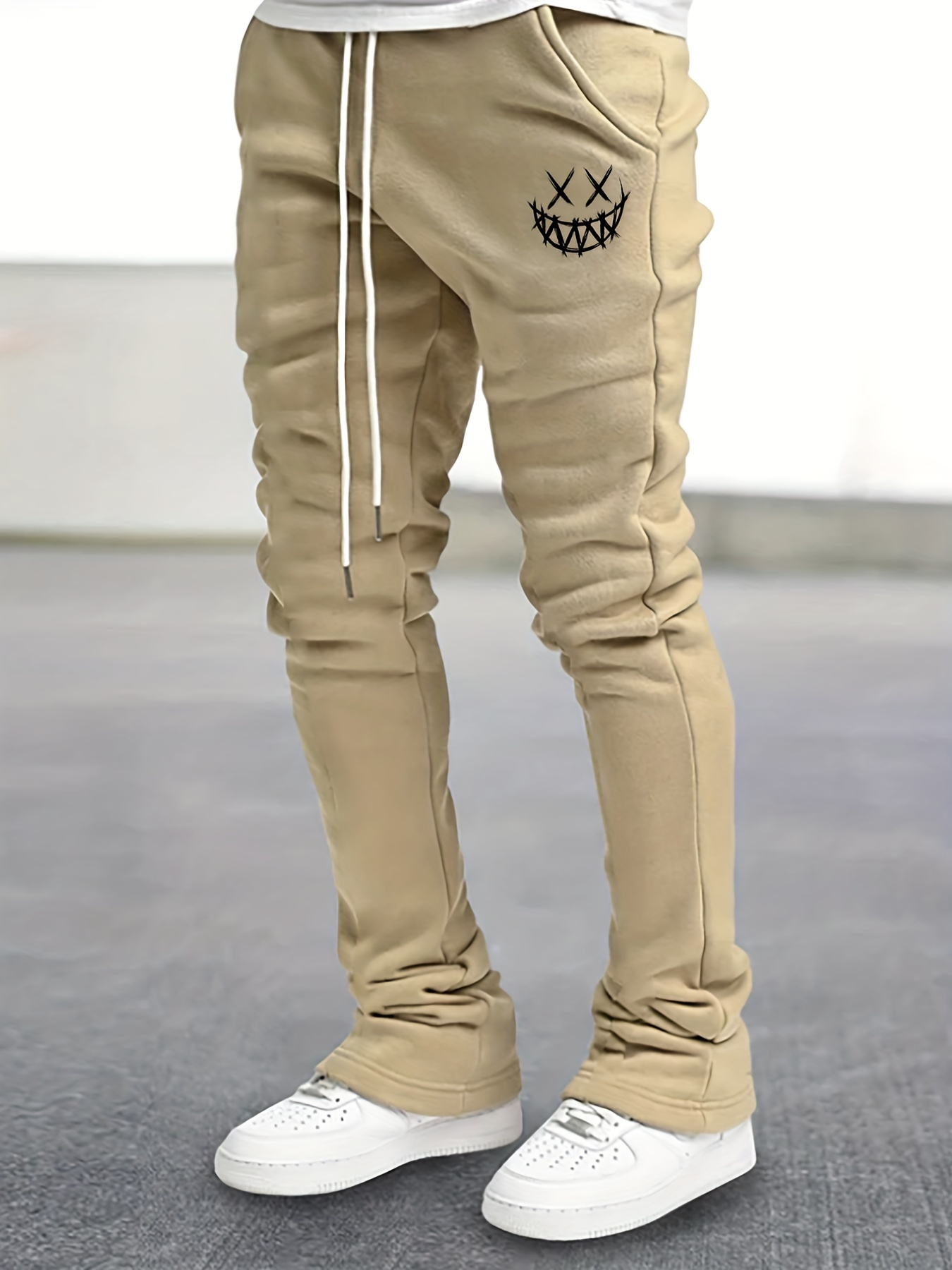 Smile Face Flare Pants Men Drawstring