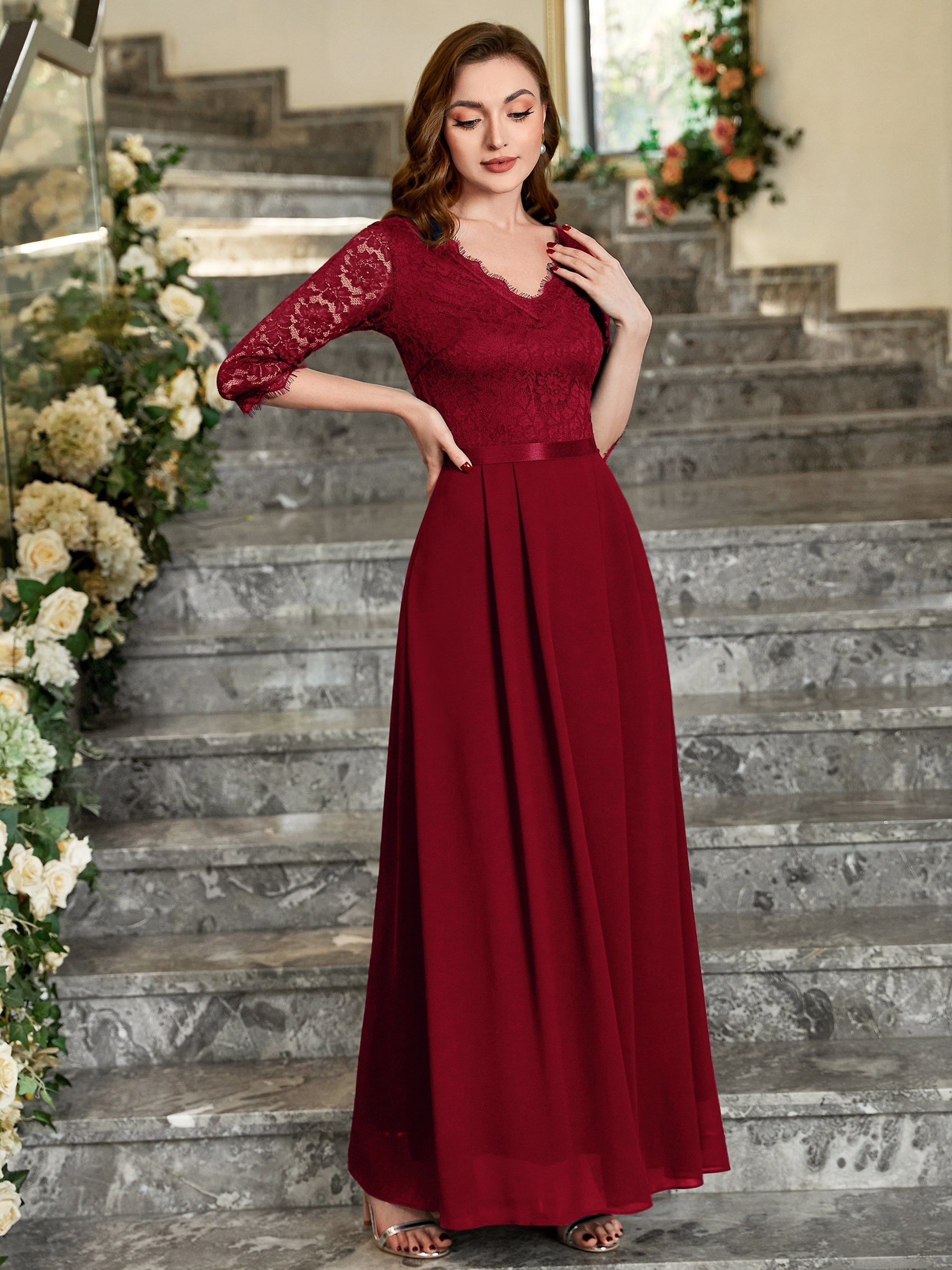 Contrast Lace Ruffle Hem Dress, Elegant V Neck Split 3/4 Sleeve Dress,  Women's Clothing