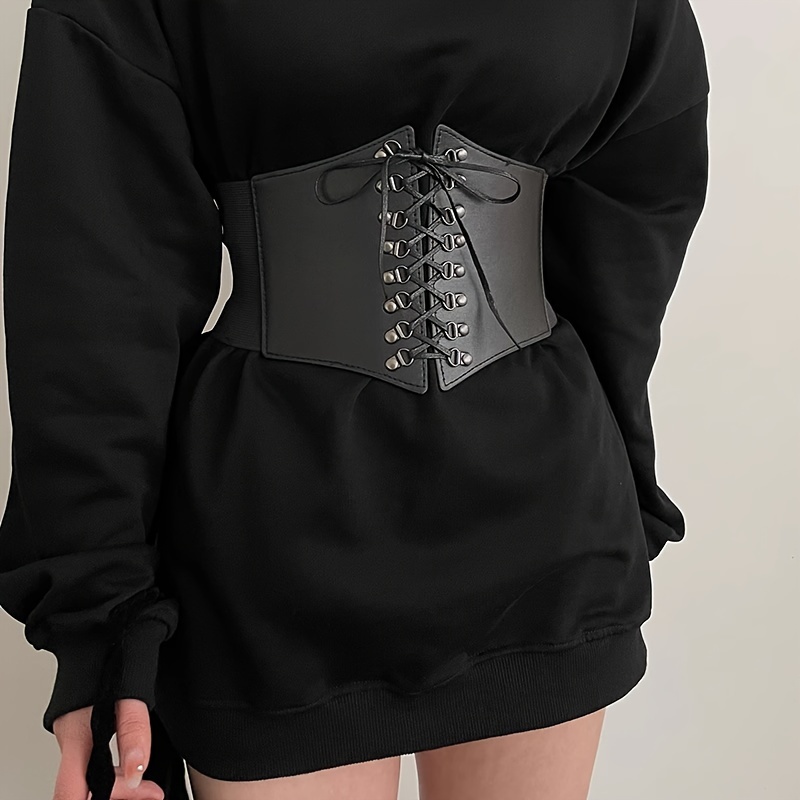 Gothic Lace Wide Belts Vintage Black Elastic Pu Leather - Temu