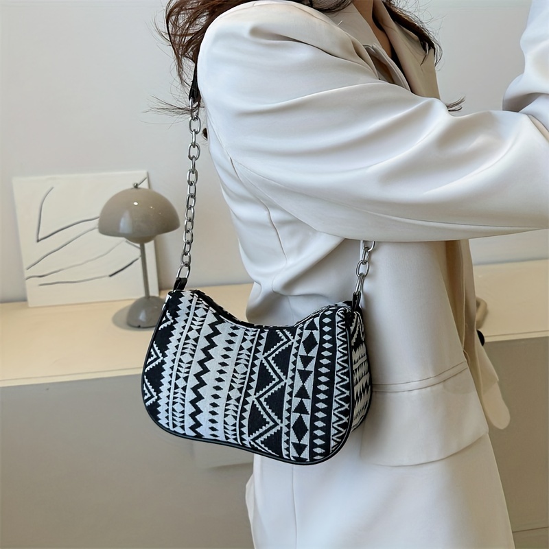 Vintage Geometric Pattern Shell Bag, Classic Textured Zipper Shoulder Bag  Women's Pu Leather Purse With Hanging Purse - Temu