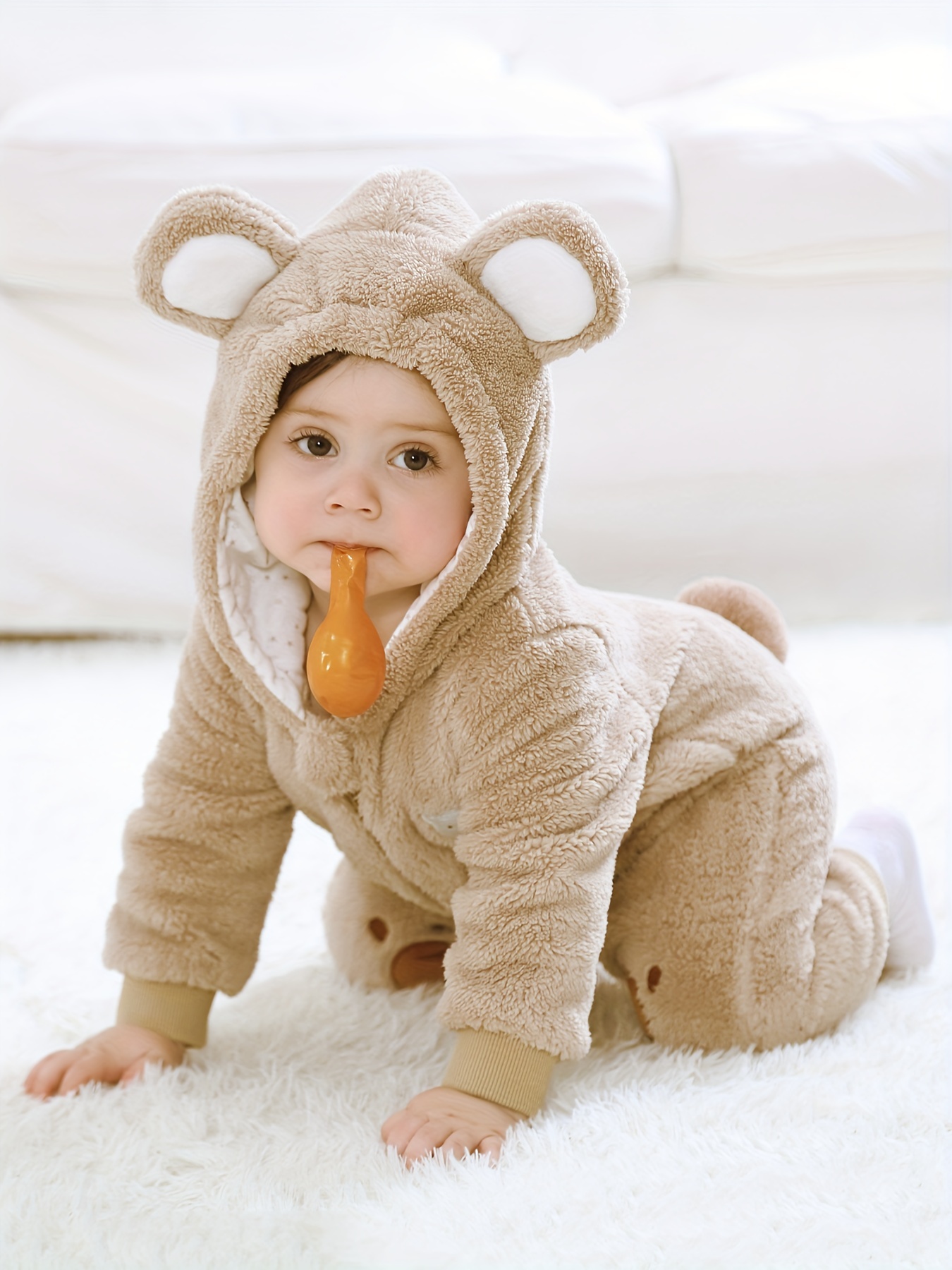 Baby Cute Bear Shapewear Jumpsuit, Plush Warm Hooded Zip Up Footed Onesie,  Adorable For Daily Outdoor Photo Gathering Party Winter!