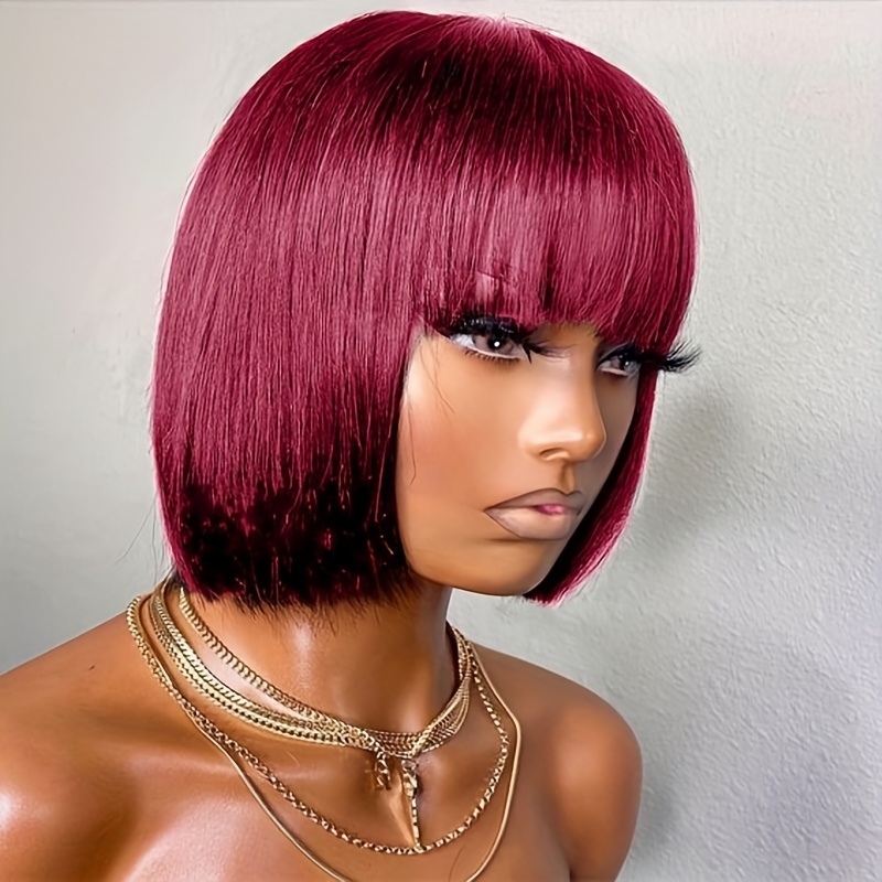 99J Burgundy Bob Wig With Bangs Short Straight Bob None Lace Front Wigs  Human Hair Bob Wig Full Machine Made Glueless Bob Wig For Women 12inch 150%  De